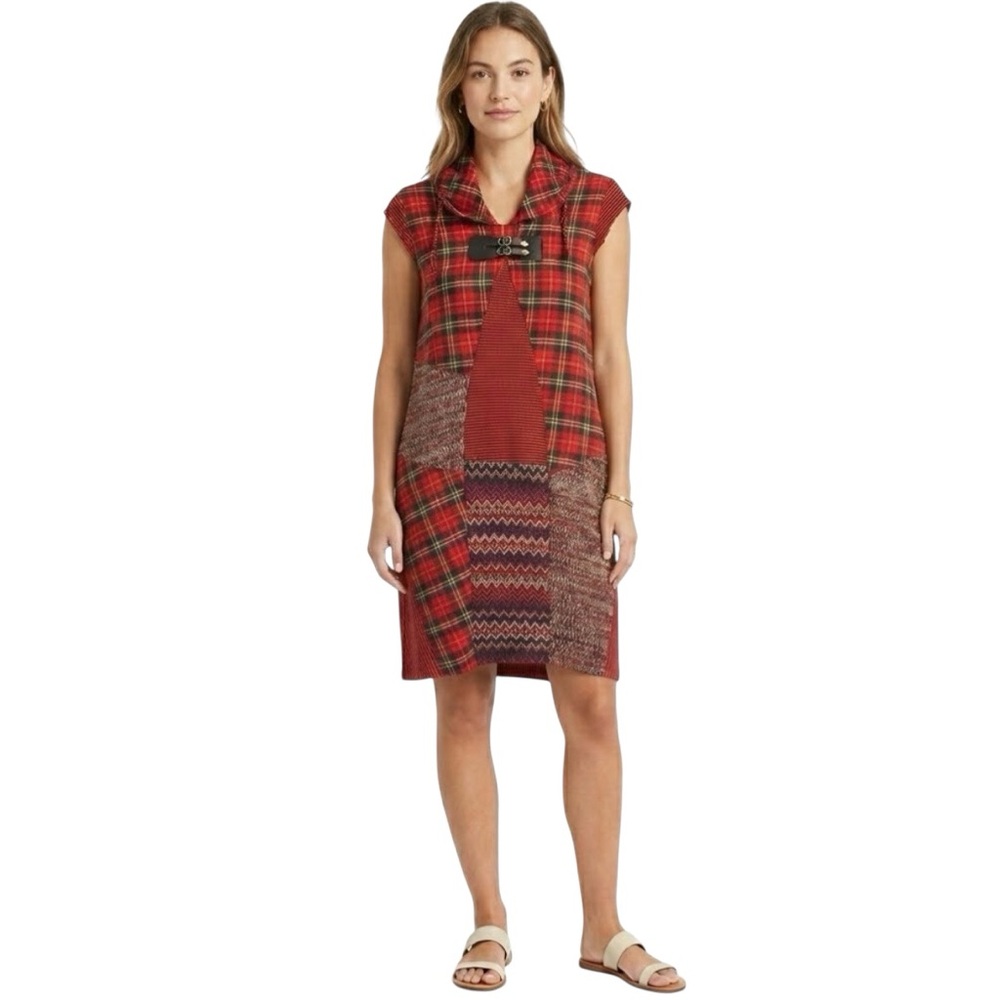 Lanvie Vintage Patchwork Plaid Sweater Dress Buckle Cowl Neck Cottagecore Size L